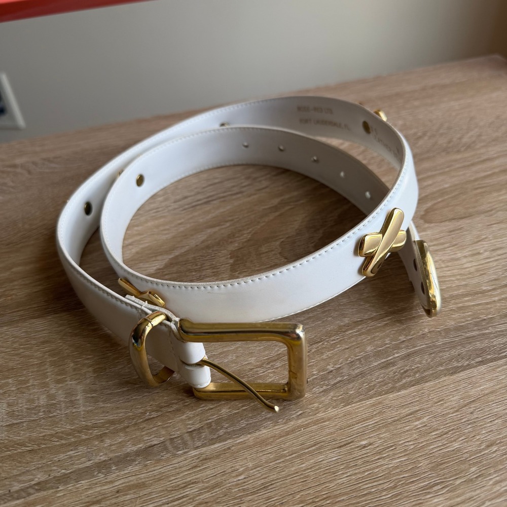 Rose-Red Ltd Vintage White Leather Belt Gold X Hardware Size M Made in Taiwan